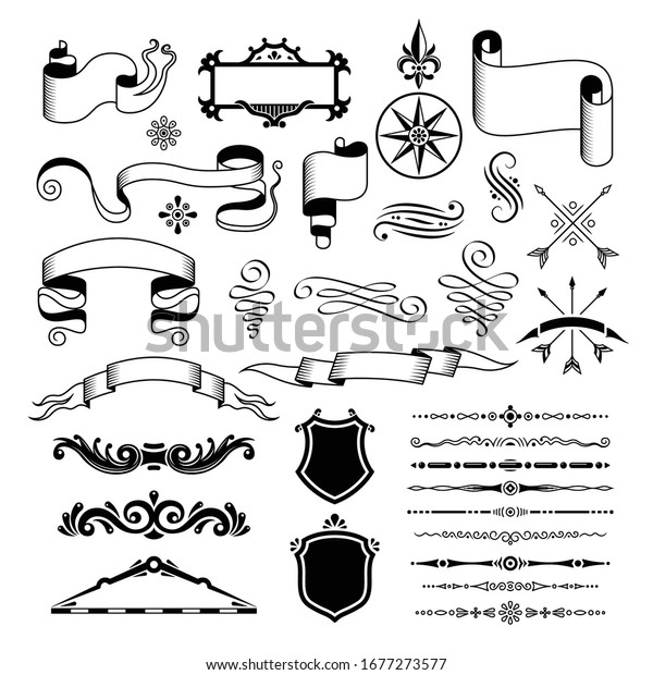 Retro vintage design elements set with\
isolated decorations shields and empty ribbons with ornate divider\
lines vector\
illustration