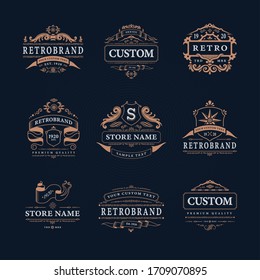 Retro vintage design emblems luxury logos collection with isolated logotypes of classic store names with decorations vector illustration