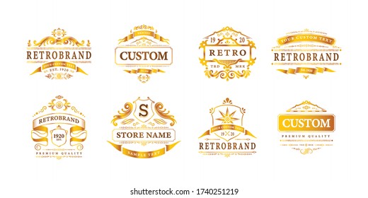 Retro vintage design label luxury logos set of eight isolated logotypes with editable text and frames vector illustration