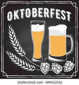 Retro vintage design. Oktoberfest poster with two flat beer mugs on chalkboard. Vintage Beer Brewery. Oktoberfest vector illustration.