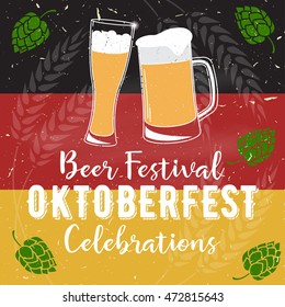 Retro vintage design. Oktoberfest poster with two flat beer mugs on chalkboard. Vintage Beer Brewery. Oktoberfest vector illustration.