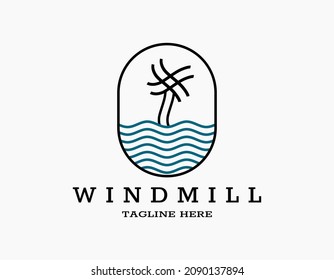 Retro vintage design of a windmill and waves sea or ocean. Lines art that forms a windmill. Suitable logo for travel, resort, hotel, beach, energy, agriculture.