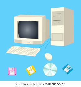 Ordenador de sobremesa retro vintage sobre fondo azul , ordenador personal antiguo con teclado, ratón, disquete y grabadora de CD. Accesorios de PC e IT de 1990, Ilustración vectorial. Tecnología 90