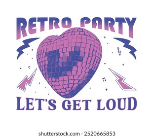 retro  vintage disco party graphic print, old heart shape disco light vector illustration, vintage night life artwork for t shirt, sticker, poster, graphic print