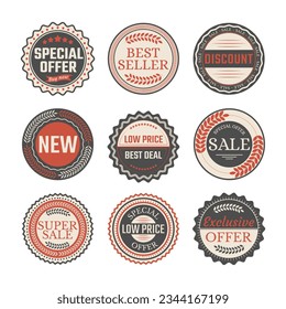 Retro vintage discount sale stickers and labels for promotions.