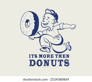 Diseño de Vector de donuts vintage retro, hombres divertidos corriendo con obras de arte de donut para camiseta, pegatina, bordado, impresión gráfica, Arte vectorial de panadería vintage