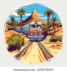 Retro Vintage drawing mountain and train with palm trees illustration for t shirt design