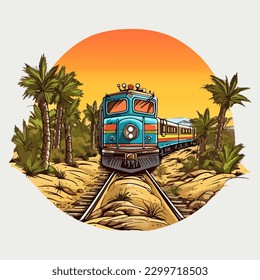 Retro Vintage drawing sunset and train with palm trees illustration for t shirt design