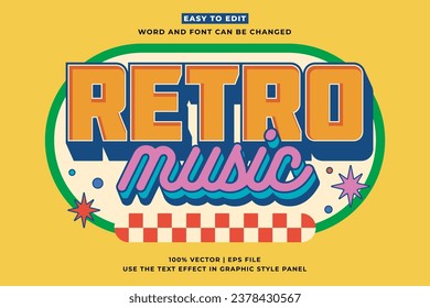 Efecto de texto modificable retro vintage. Retro Music 3d estilo de caricatura vector premium