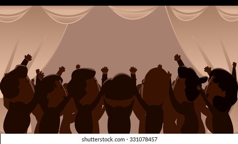 Retro Vintage Effect Cartoon Drawing Theater, Opera House, Performing Art Hall Center, Music Concert, School Auditorium. Silhouette Of Cheering Crowd, Audience, Fans, Supporter, Adult Man And Woman.