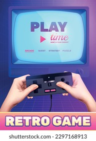 Retro vintage electronics gadgets realistic composition with editable text on television screen with gamepad in hands vector illustration