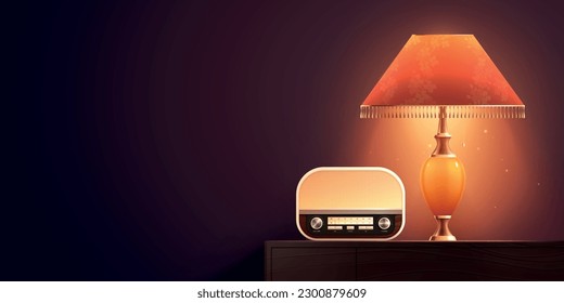 Retro vintage electronics gadgets realistic composition with night indoor scenery and radio receiver with bedside lamp vector illustration