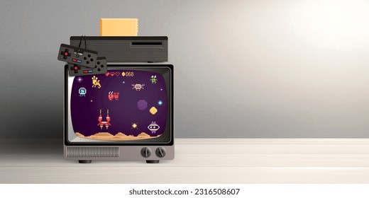 Retro vintage electronics gadgets realistic composition with view of retro television set and gaming console gamepads vector illustration