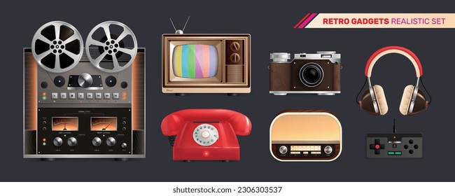Retro vintage electronics gadgets set with isolated realistic images of tape machine gamepad headphones and radio vector illustration