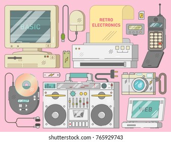 Retro vintage electronics set with computer, mouse, printer, mobile phone, cd player, photo camera, pager, tape recorder, batteries and sim card illustration