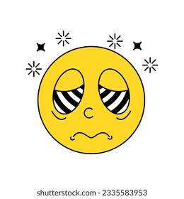 Retro vintage emoticon displaying dizziness and confusion. Stunned and disoriented smiley vector. Editable emoji illustration