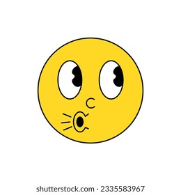 Retro Vintage Emoticon Whistling in Admiration, Exhaling in Relief, or Denying Guilt. Mischievous Smiley Vector. Editable Emoji Illustration