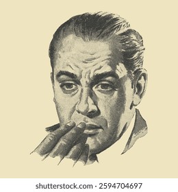Retro vintage engraving of a worried man. 1950s-style black-and-white hand-drawn illustration.