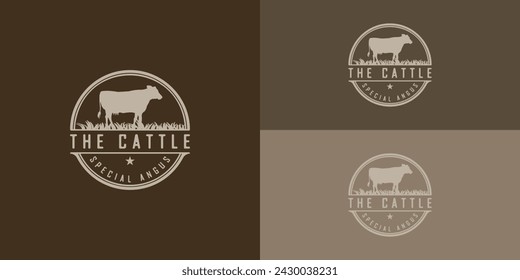 Retro Vintage Farm Cattle Angus Viehvieh Rindfleisch Emblem Label Logo Design Vektor in weicher Gold Farbe mit mehreren Hintergründen präsentiert. Das Logo eignet sich für Farm- und Ranch-Logo-Design-Inspiration