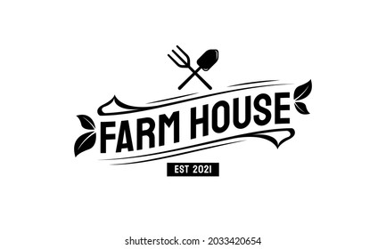 Retro vintage farmhouse logo with crossed garden for and shovel. Editable logo isolated with a background.