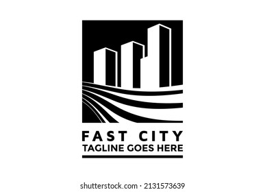 Retro Vintage Fast Way With Building Town City For Real Estate Development Property Logo Design Vector