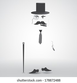 Retro Vintage Figure with Top Hat, Mustaches, Stick , Tie, Monocle and Elegant Shoes - Vector Illustration