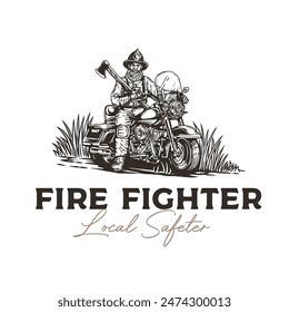 Retro vintage Fireman firefighter hero rescue equipment on the motorcycle for logo design vector or tshirt clothing illustration