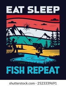 retro vintage fishing t-shirt graphic, sunset background, Vector Silhouette,