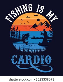 retro vintage fishing t-shirt graphic, sunset background, Vector Silhouette,