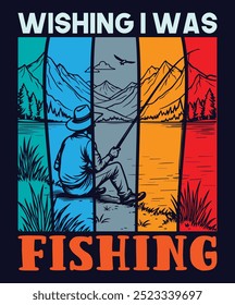 retro vintage fishing t-shirt graphic, sunset background, Vector Silhouette,