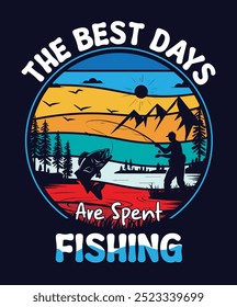 retro vintage fishing t-shirt graphic, sunset background, Vector Silhouette,