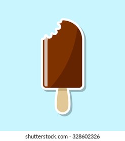 Retro and vintage flat bitten off popsicle icon with milk chocolate icing cover on pale blue background