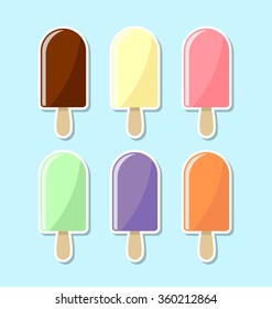 Retro and vintage flat icons of various flavors of popsicles on pale blue background