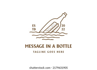Retro Vintage Floating Message in a Bottle River Creek Lake Sea Logo Design Vector