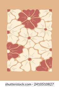 Retro vintage floral abstract vertical composition. Flat botanical illustration with grunge texture in peach colors. Ideal for home decoration, posters, t shirt print, social media