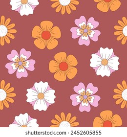 Retro vintage floral pattern. Simple hand drawn flowers on burgundy background. Vector illustration.