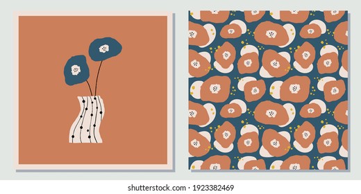 Retro, vintage flower card and seamless pattern. Whimsical and quirky flower and vase illustration in retro modern colors.