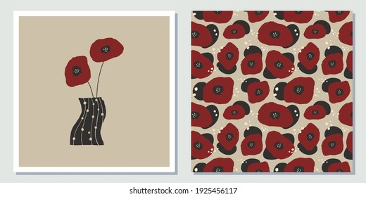 Retro, vintage flower card and seamless pattern. Whimsical and quirky flower and vase illustration in retro modern colors.