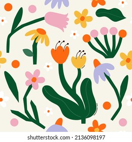 Retro vintage flowers seamless pattern in 70s-80s style. Flat vector illustration.