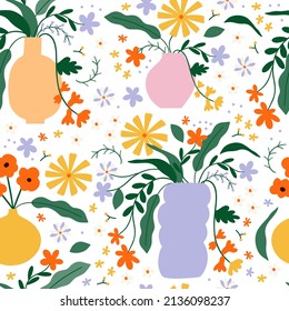 Retro vintage flowers seamless pattern in 70s-80s style. Flat vector illustration.