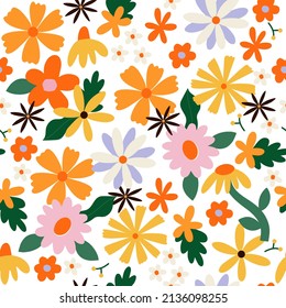 Retro vintage flowers seamless pattern in 70s-80s style. Flat vector illustration.