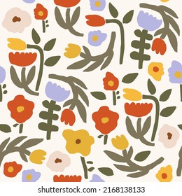 Retro vintage flowers seamless pattern in 70s-80s style. Flat vector illustration.