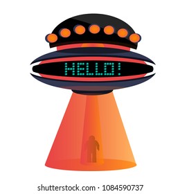 Retro vintage flying saucer UFO with words hello kidnapping man. Space ship with gradient. Modern flat cartoons vector illustration. Isolated on white background. 1950s Unidentified aliens object. 