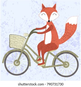 Retro Vintage fox on the sweet bicycle, vector for card background,illustration by freehand draw doodle art style