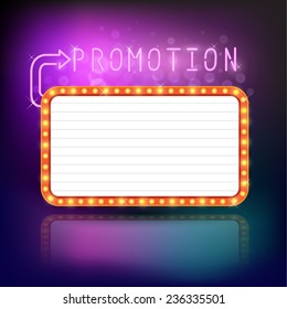 Retro vintage frame banner promotion - light bulb shimmering casino or cinema theater sign. Vector illustration.