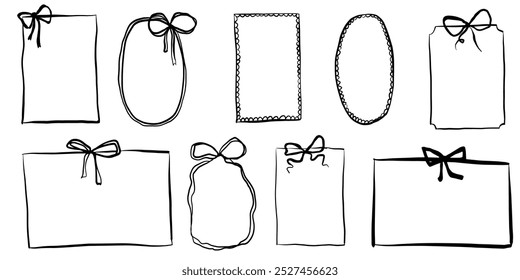 Retro vintage frame hand drawn vector wedding invitation template with ribbon bow. Minimalistic elegant drawing poster clipart sketch.