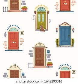 Retro vintage Front Doors. Brick wall. Lamp on a wall. Windows. Sitting bulldog. House Exterior. Home Entrance. Hand drawn colored vector seamless pattern