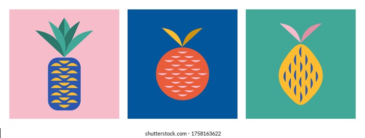 Retro vintage fruit poster set. Pineapple, orange and lemon modern pop art illustration
