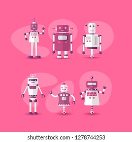 Retro vintage funny vector robot set icon in flat style isolated on pink background. Gradient modern flat Chatbot icon collection. Set of Cute cartoon retro robot icons, chat bot set isolated on pink