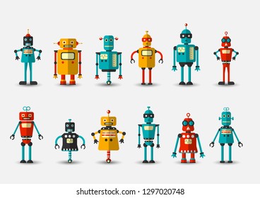 Retro vintage funny vector robot set icon in flat style isolated on grey background. Vintage illustration of flat Chatbot icon collection. Set of Cute cartoon retro robot icons, vintage chat bot set